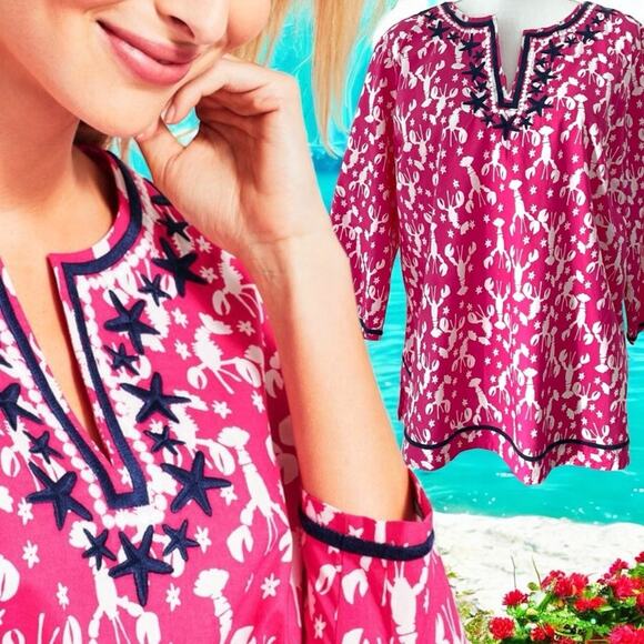Talbots pink white 100% cotton lobster starfish tunic blouse Plus size 3X - Picture 1 of 8